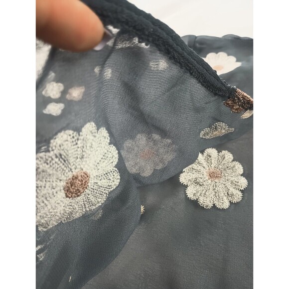 Hagel Sz L Gray Chiffon Open Front Cover Up Top Floral Kimono Tasseled - Picture 6 of 12